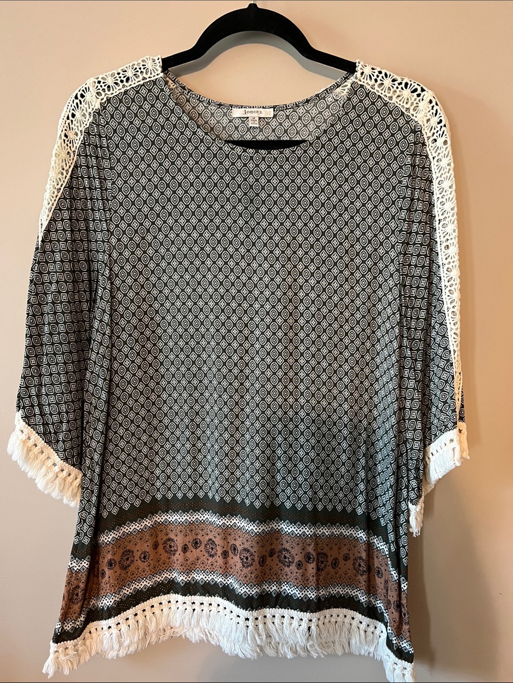 JODIFL Black Patterned Boho Tunic with Brown Border & White Crochet